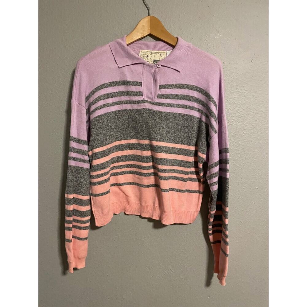 Vintage Genesis Womens Sweater Medium Pink Purple Striped Collared Stretch Retro